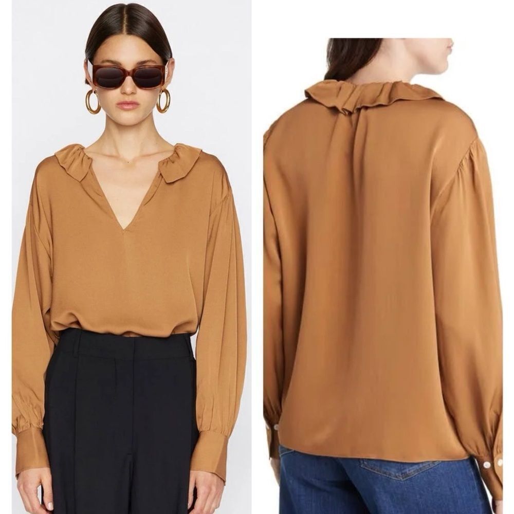 Frame Ruffle Collar V-Neck Silk Long Sleeve Blouse in Camel XS NWT $448